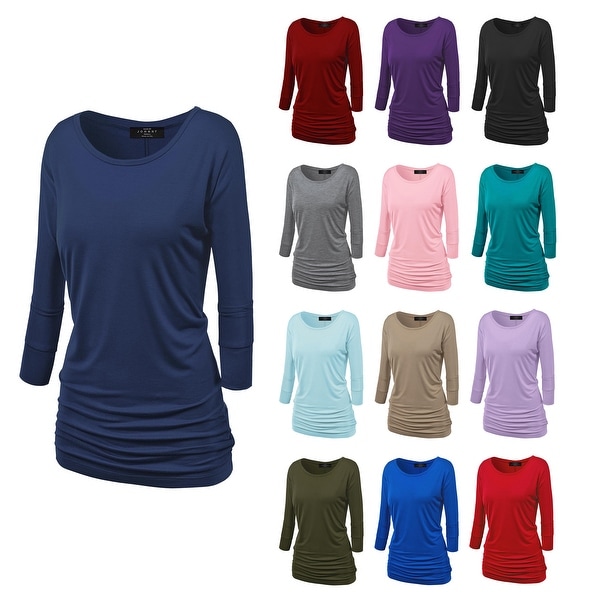 Women's Crew Neck 3/4 Sleeve Drape Dolman Shirt Top with Side Shirring. Opens flyout.