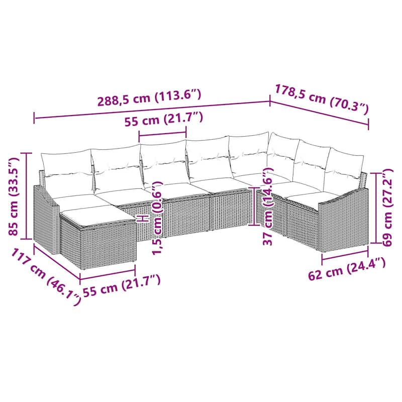 vidaXL 9 Piece Garden Sofa Set with Cushions - 113.6×70.3×46.1