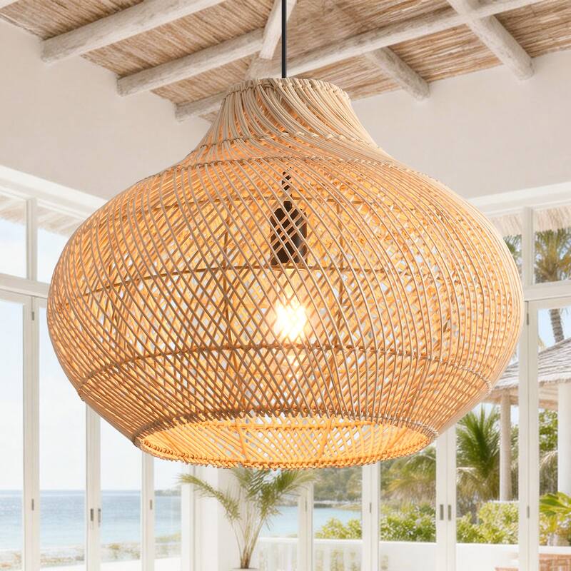 14" Coastal Natural Rattan Lantern Pendant Light Chandelier
