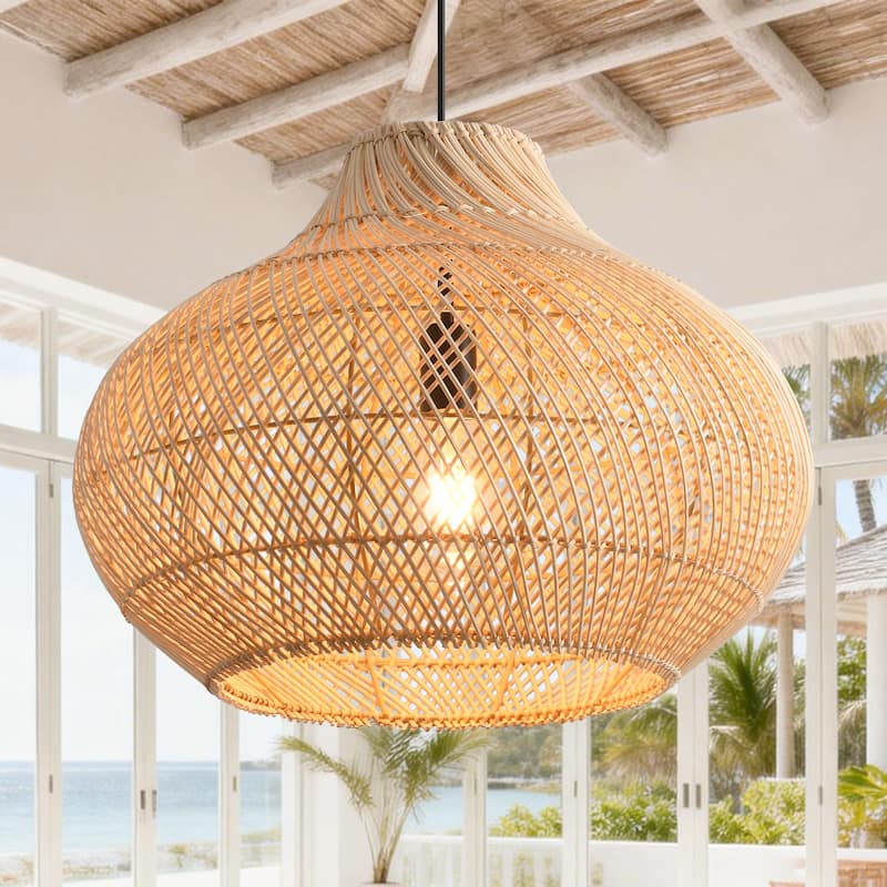 14" Coastal Natural Rattan Lantern Pendant Light Chandelier