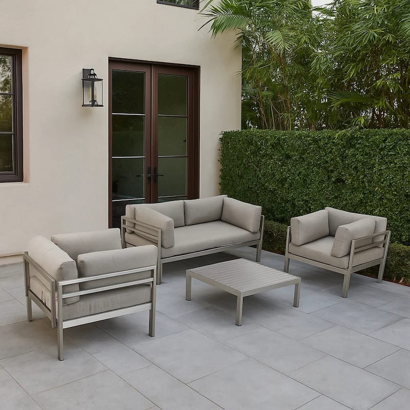 3 Piece Sectional Outdoor Metal Sofa Set with Table, Gray and Silver