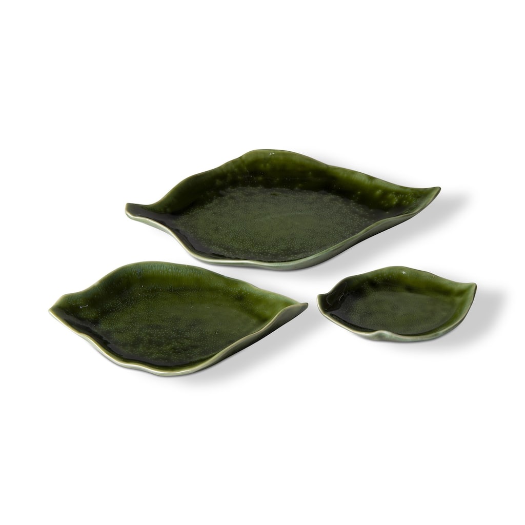 Leaf Dish Set of 3 - Green Ceramic Serving Platters and Bowls, Dishwasher Safe, Everyday Use, 8.5" L x 5.25" W x 1" H