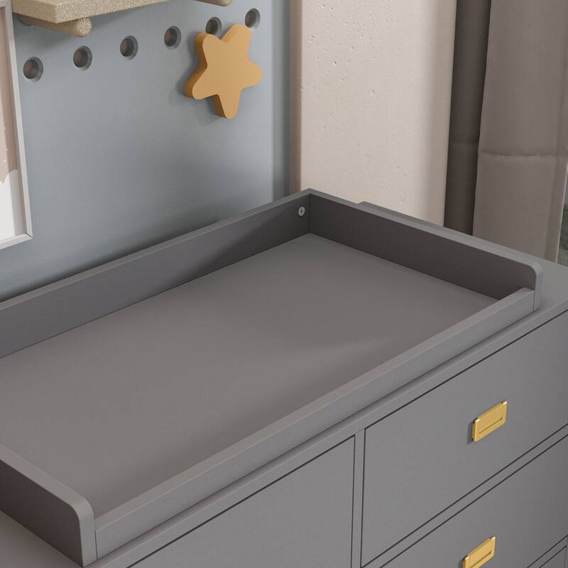 Dresser 6 Drawers With Baby Changing Table In White/Grey Golden Handle - 45.1"W
