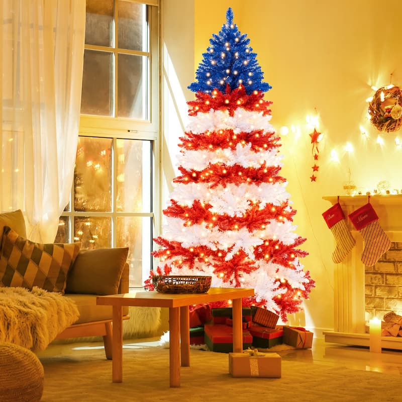Costway 7.5 FT Patriotic Pre-Lit Artificial Christmas Tree with 1341 - See Details