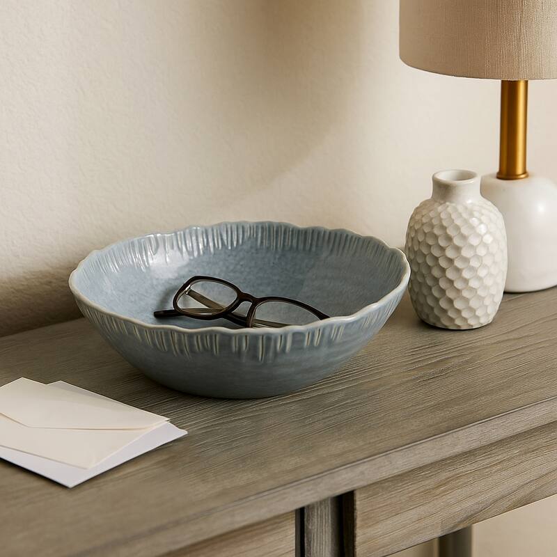 Decorative Round Glazed Wavy Edge Bowl - 15.25", Teal Blue - 15.25" - Teal Blue - 15.25"