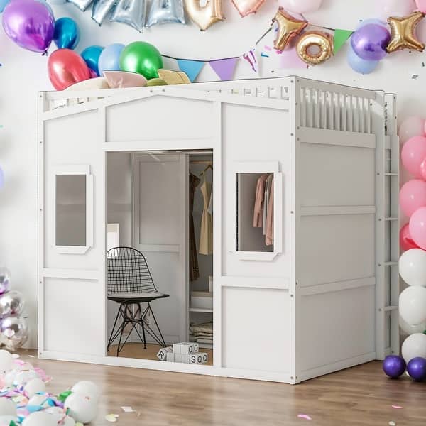 slide 2 of 20, Elegant Full Size House Loft Bed With Ladder and Wardrobe, Health and Comfort, Sturdy Construction & Safety Guaranteed, White White