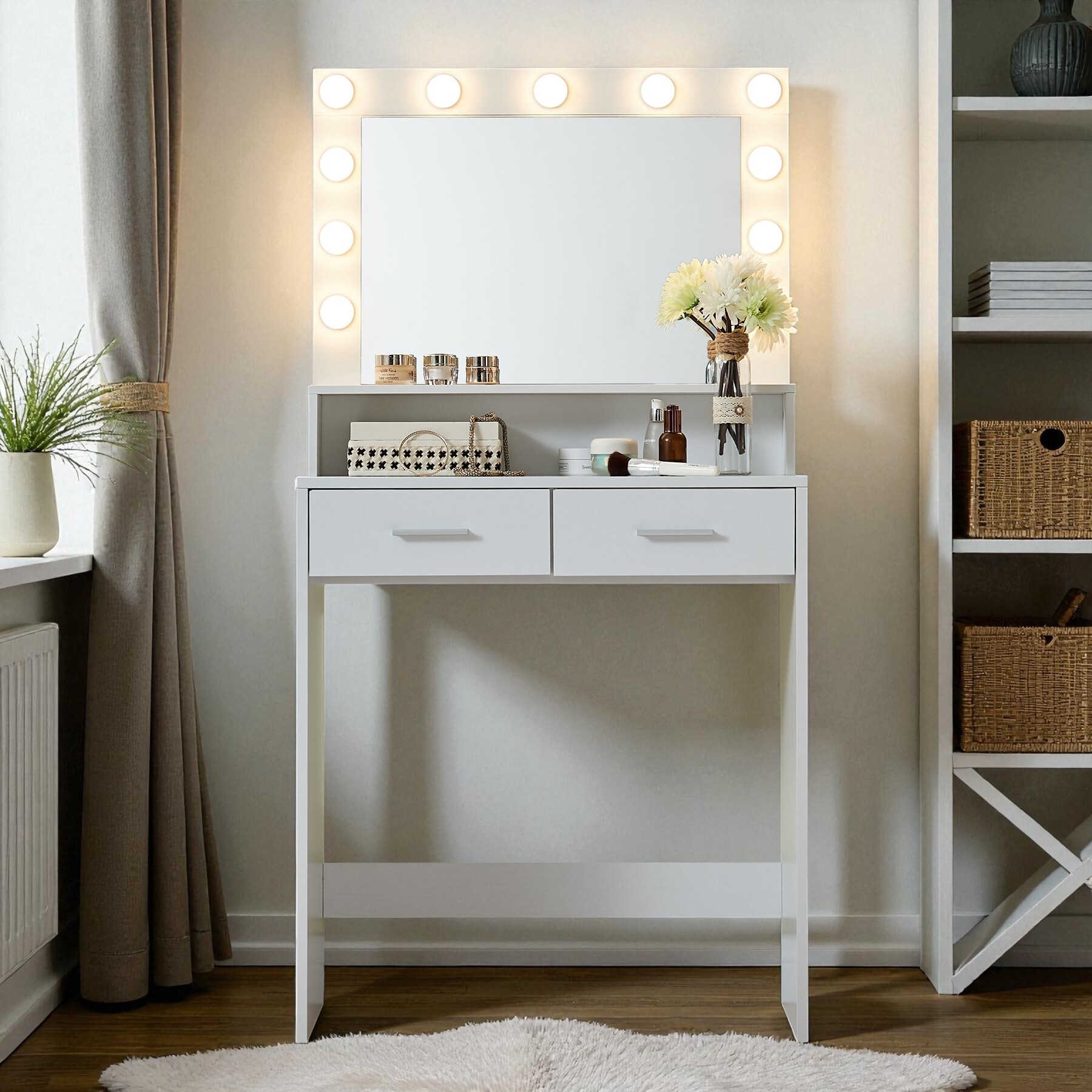 Vanity Desk with Mirror and Lights, Dressing Table with Large Drawer and 2-Level Storage, 3 Lighting Modes