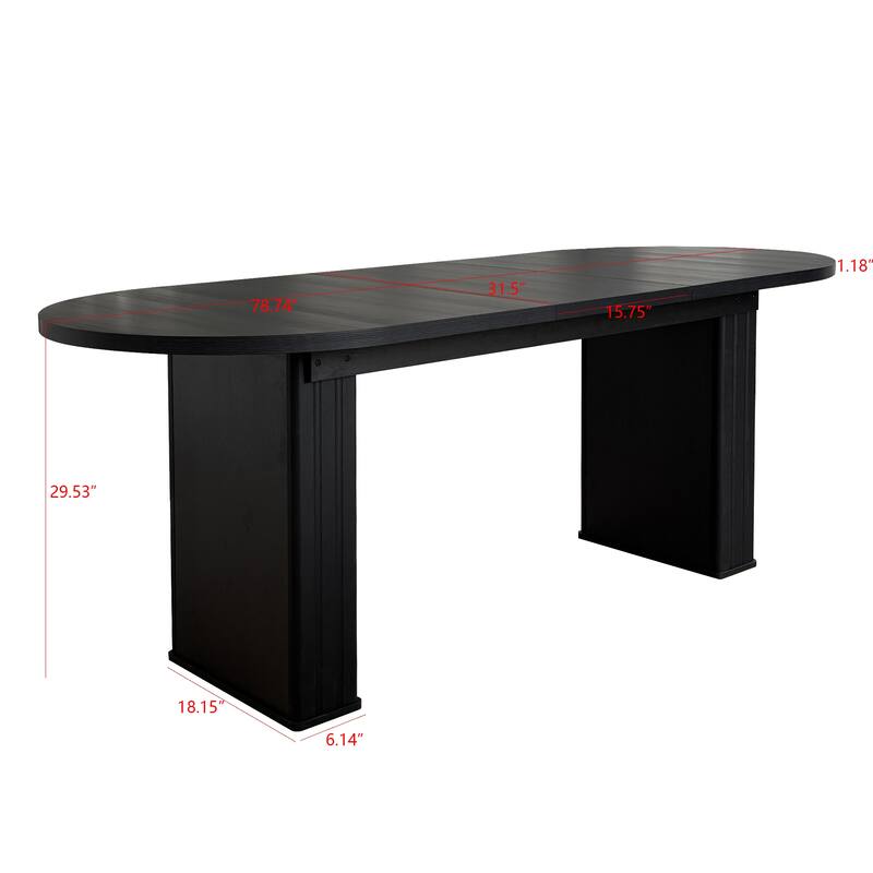 Kitchen extendable dining table for 4-8 people, oval kitchen table with wooden strip base for family living room (black)