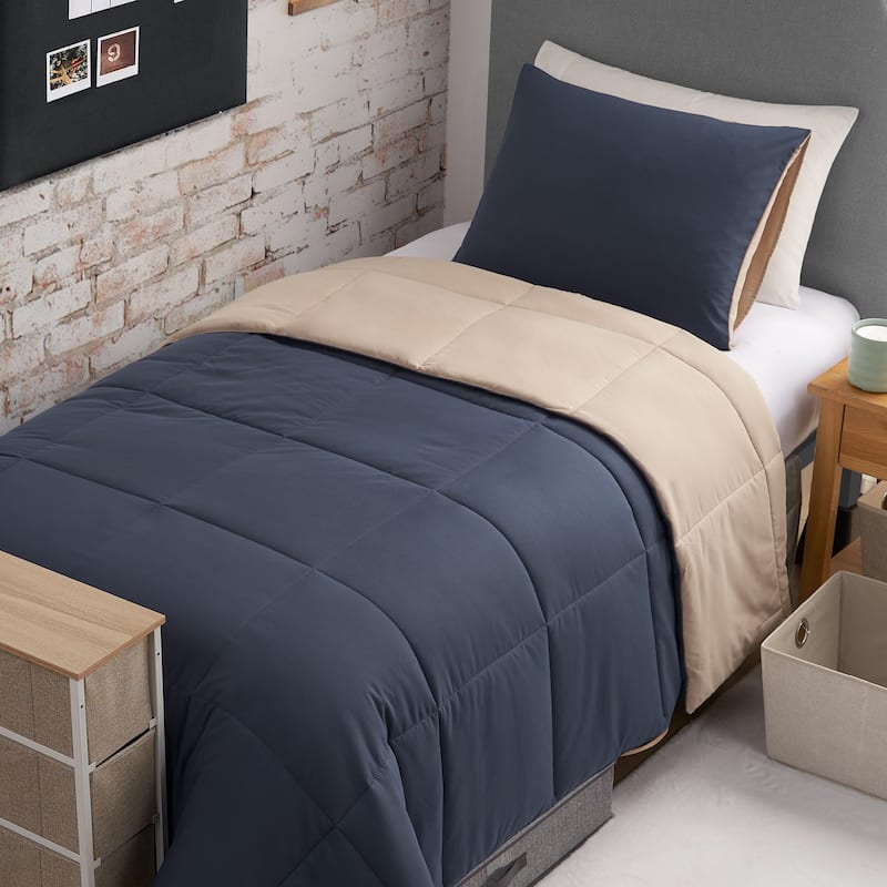 The Sheet Lab Box Stitch Reversible Comforter Sets - Blue/Tan - Queen