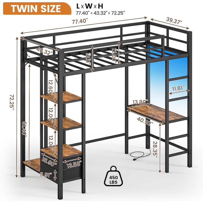 Loft Bed with Desk Gaming Bunk Bed LED Lights Charging Station