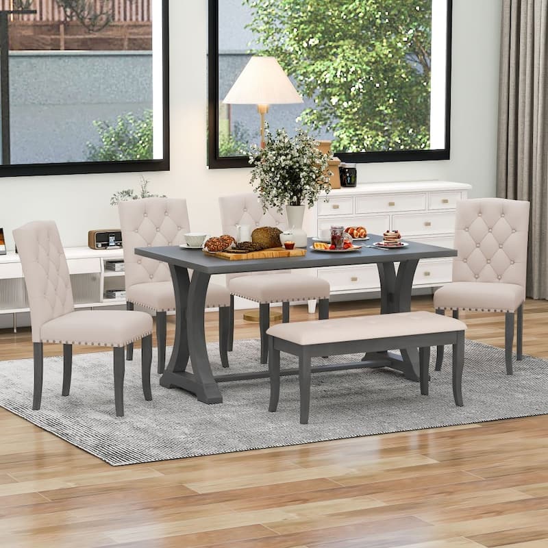 Farmhouse 6-piece Wooden Dining Set with Bench and 4 Upholstered Chairs