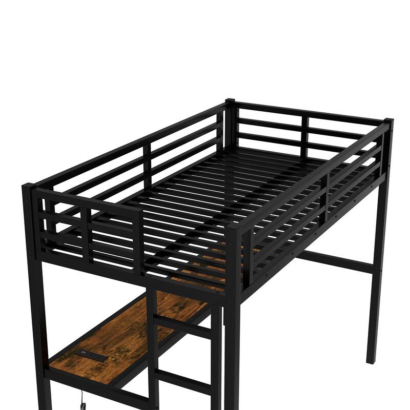 Metal High Loftbed with Power Outlet, LED Lights and Built In Desk