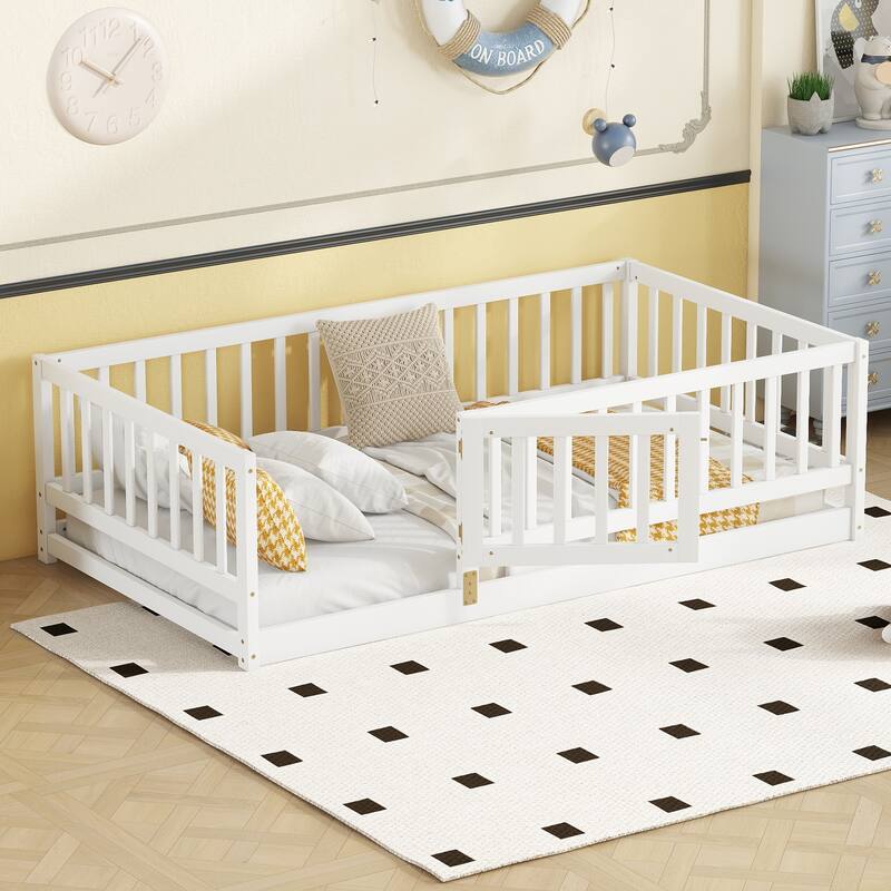 Full Size Montessori Floor Bed with Fence and Door, Kids Wood Bed Frame, Natural Pine Wood Floor Bed - White - Twin