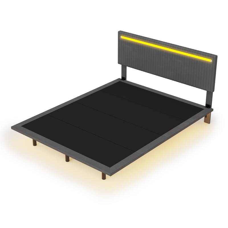 Modern Upholstered Floating Bed Frame with LED Lights, Vertical Channel Design Velvet Fabric Bed, Queen Size, Beige