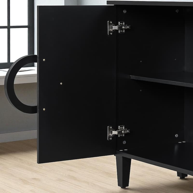 French-Inspired Four-Door Sideboard with Round Ring Handles, Sturdy MDF Cabinet for Dining or Entryway