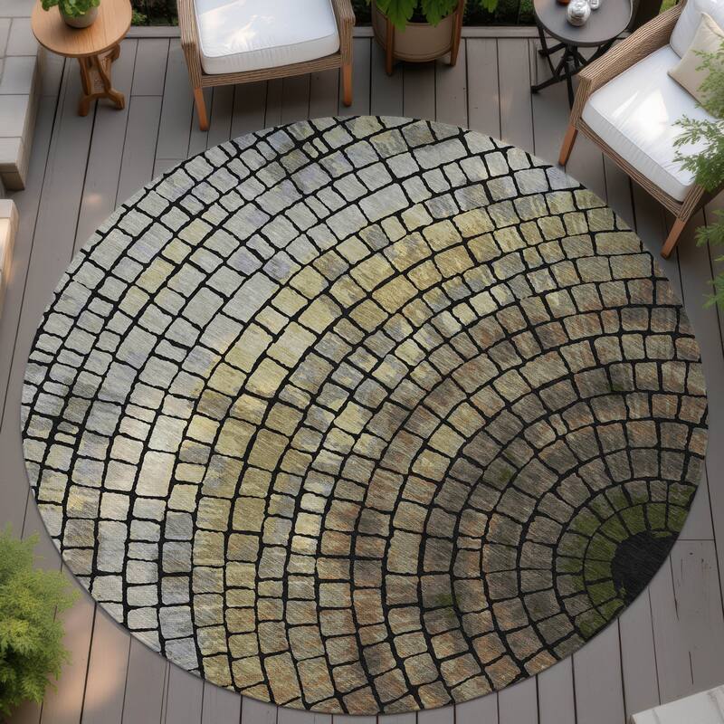 Machine Washable Indoor/ Outdoor Mosaic Rome Chantille Rug - Gold - 8' x 8'