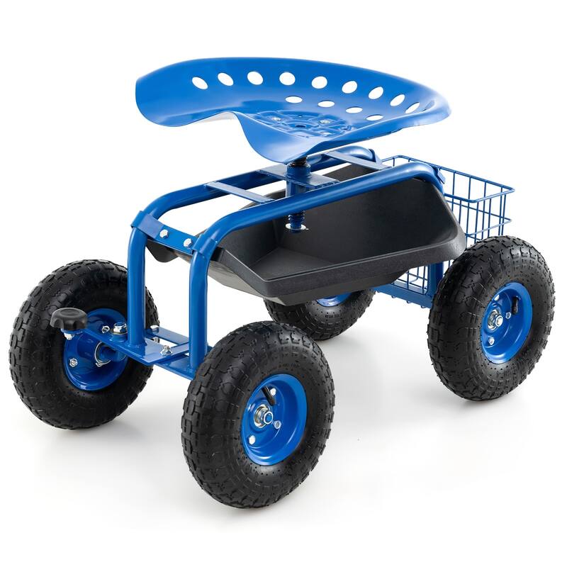 Gymax Cart Wagon Rolling Work Seat w/ Tool Tray Basket Planting Patio - Blue