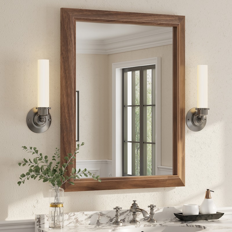 Beveled Metal Rectangle Framed Bathroom Vanity Tempered Glass Mirrors - 36" x 28" - Dark Brown