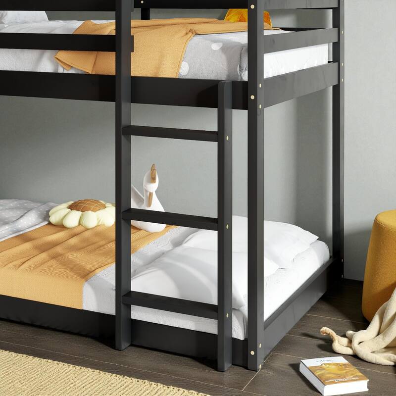 Twin Over Twin Floor Bunk Bed with House Roof Design, Rubber Wood Frame, Ladder and Guardrails for Kids Bedroom