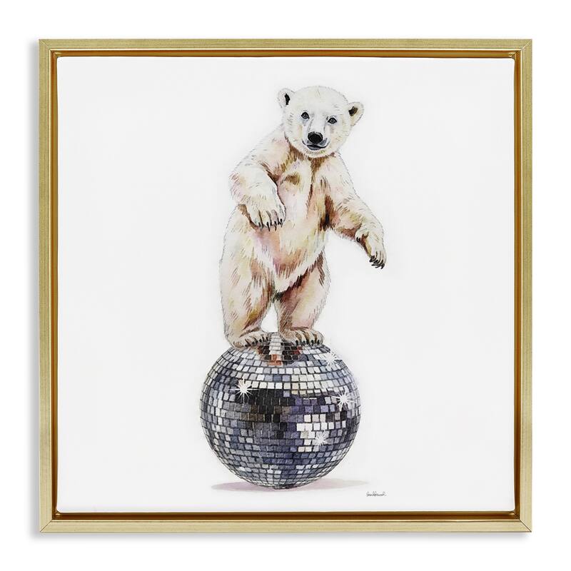 Stupell Polar Bear on Disco Ball Framed Floater Canvas Wall Art Design By Amanda Greenwood - 25 x 25 - Gold