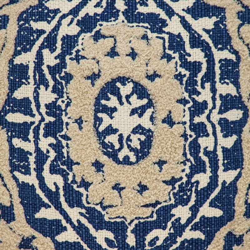18" Beige and Blue Embroidered Ethnic Design Throw Pillow