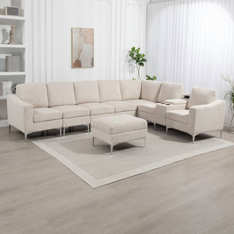 Modern Modular Corduroy Sectional Sofa with USB Ports, Storage Ottoman and Cup Holders for Living Room Apartment