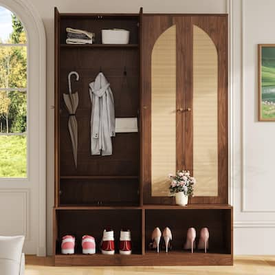 Farmhouse Widen Hall Tree with 4 Rattan Doors,6 Hooks and Adjustable Shelf