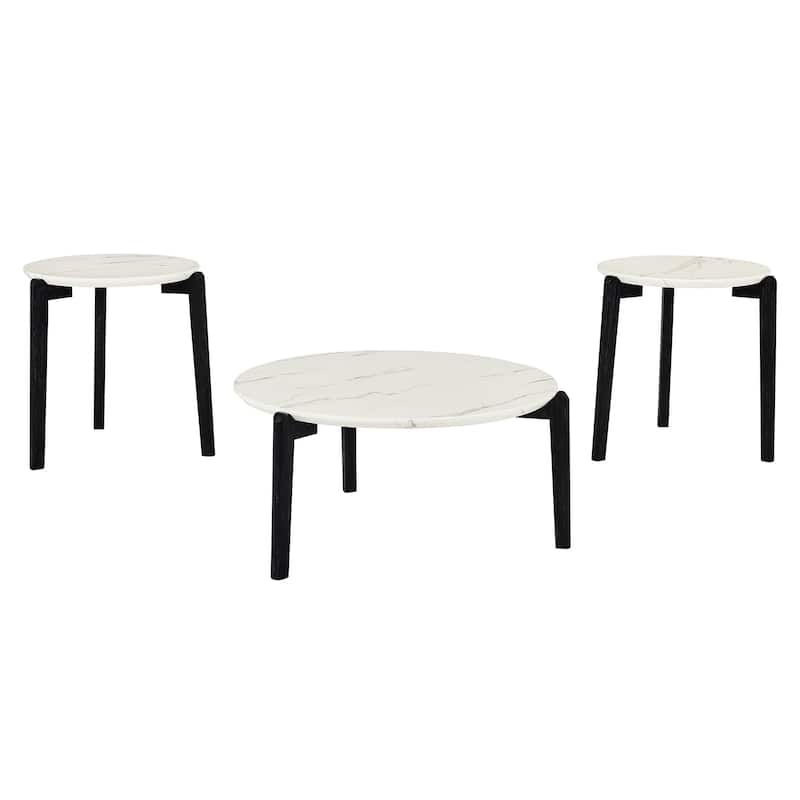 36-Inch Modern Round Coffee Table,Stylish Imitation Marble Top with Durable Rubberwood Legs,Chic Wooden Coffee Table