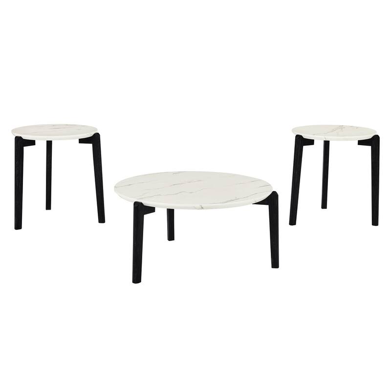 Modern 24-Inch Round Coffee Table - Stylish Imitation Marble Top with Solid Rubber Wood Legs-Perfect Small Wooden Coffee Table