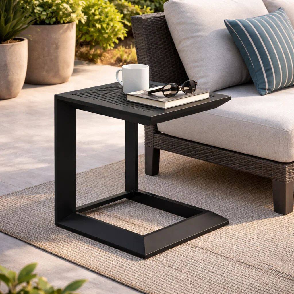 Kili 20 Inch Side End Table, Geometric Design, Jet Black Aluminum Frame