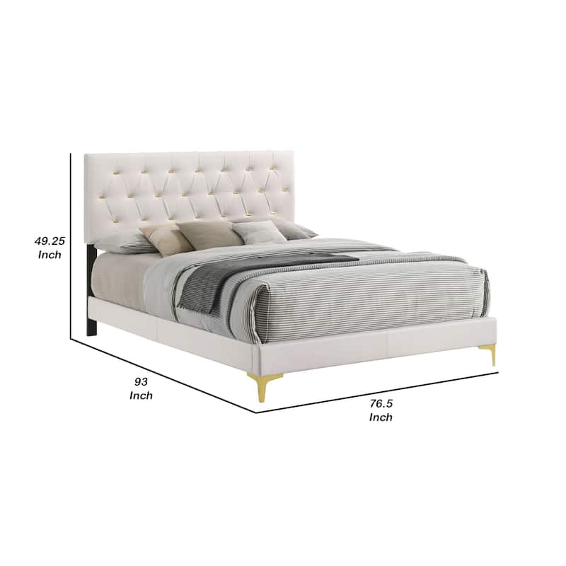 Lif Platform California King Size Bed, Tufted Headboard, Gold, White Velvet