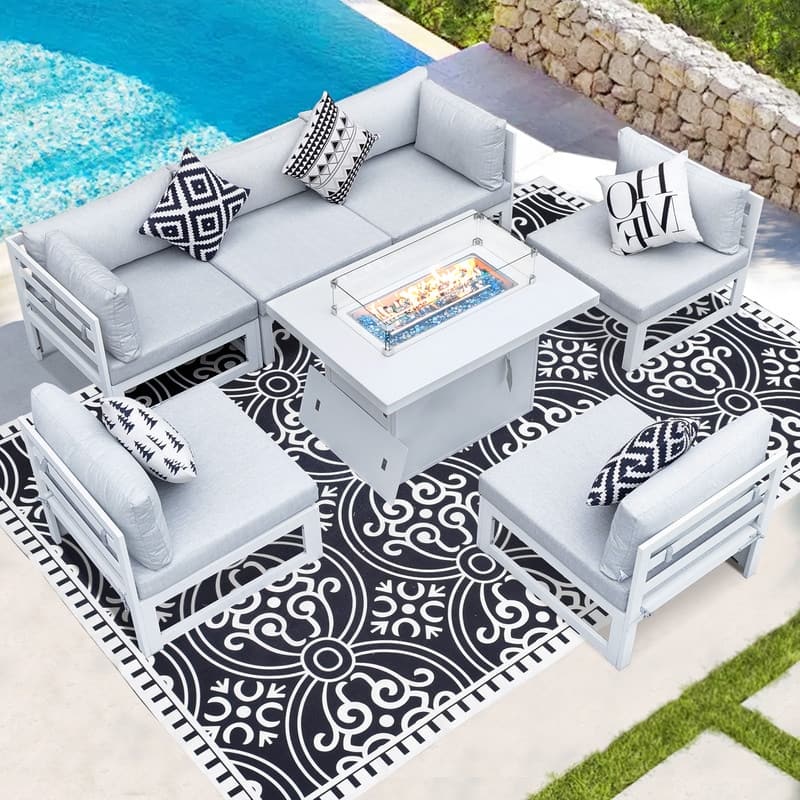 FINCATI 7 Piece Aluminum Outdoor Furniture Set with Propane/Natural Gas Fire Pit Table, 29" Wide Outdoor Sectional Sofa for 6