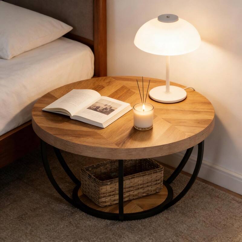 Round 2-Tier Wood Coffee Table with Metal Base for Living Room