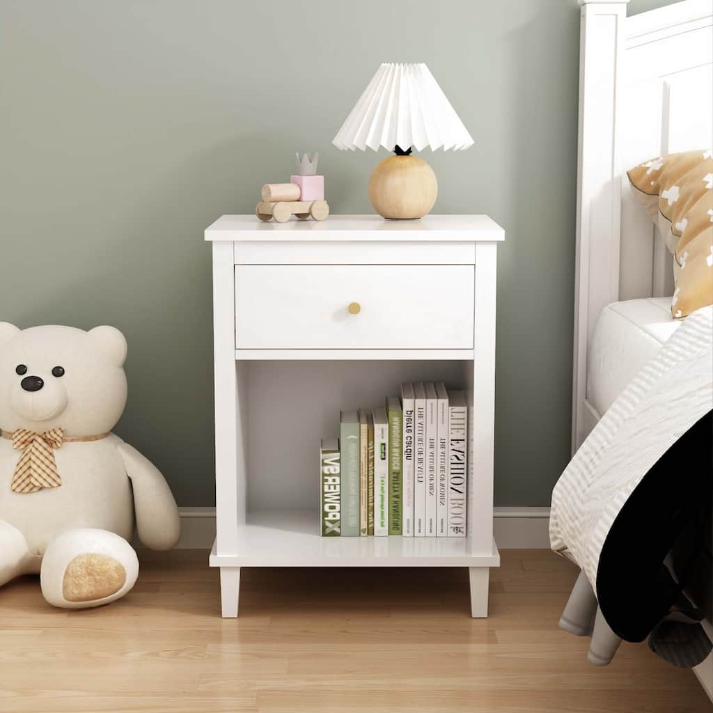 26.77''H Wooden Nightstand with Drawer and Shelf for Bedroom