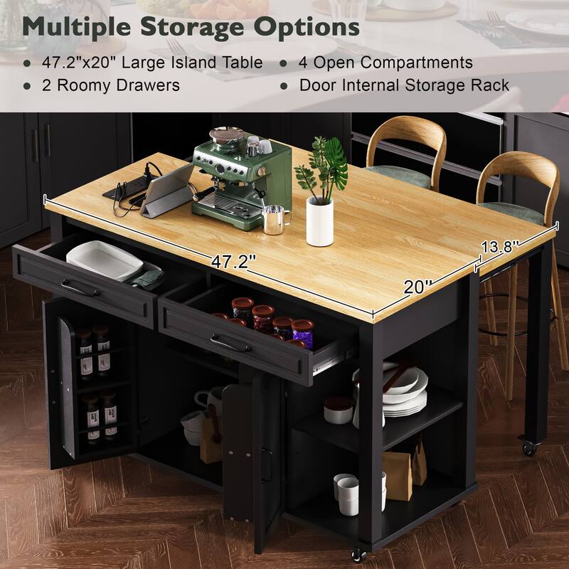 47" Kitchen Island with Extendable Dining Table, Internal Storage Rack, Power Outlet, 2 Drawers & 2 Cabinet