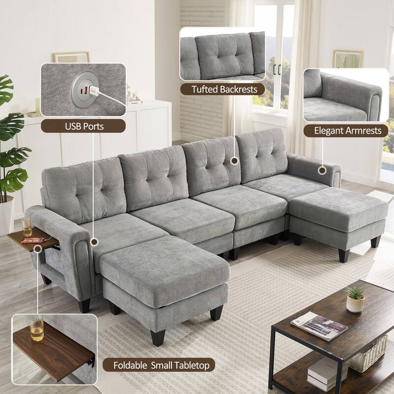 Roomfitters 115 Inch U-Shaped Sectional Sofa with 2 Ottomans and Foldable Side Tables, Chenille