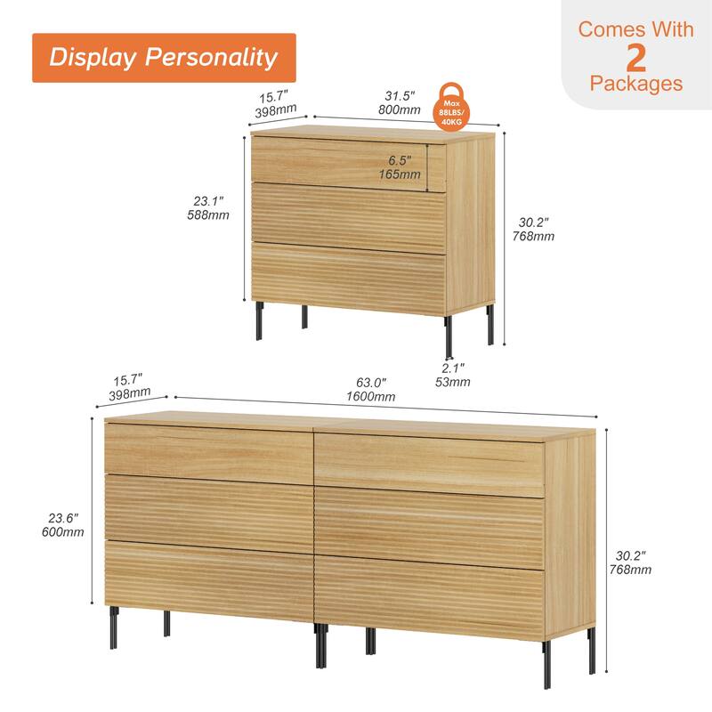 Modern Wood 3-Drawer Dresser With Reeded Design, Minimalist Dresser Organizer Storage