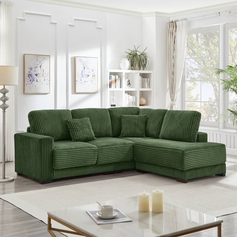 L-shaped Sectional Sofa with Reversible Chaise Lounge and Pillwo Corduroy Upholstered Couch with Removed Sofa Covers