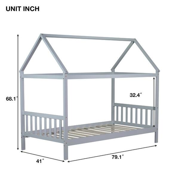 Twin Rubber Wood House Bed with Headboard and Footboard, Grey