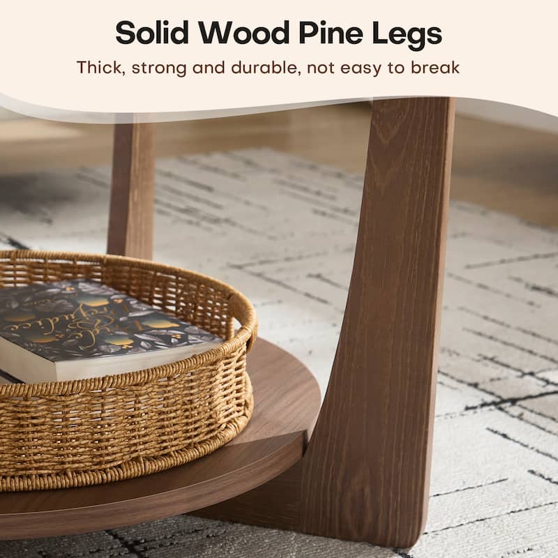31.5" Round Coffee Table with Solid Wood Legs and 2-Tier Storage - 31.5"Dia x 17.72"H