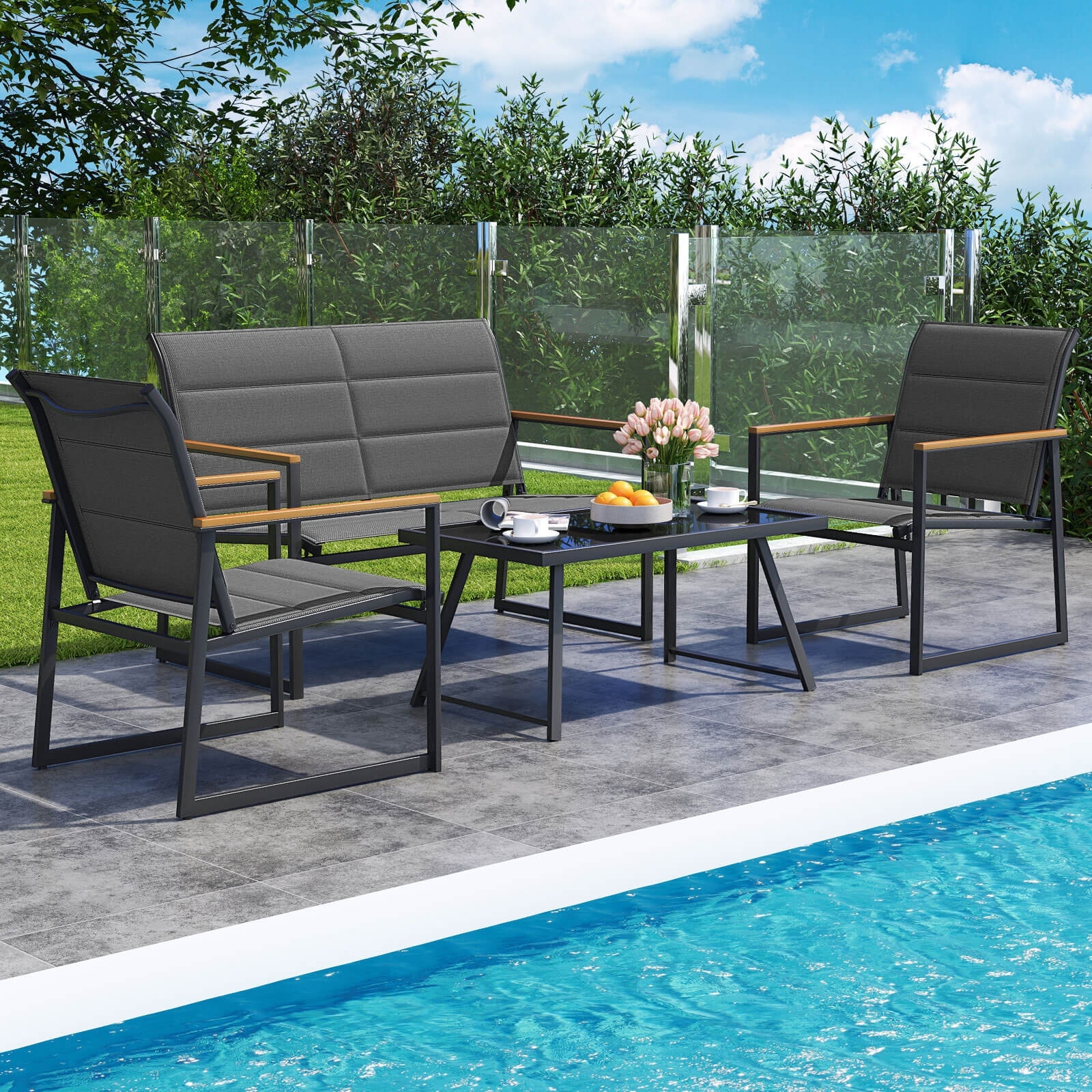 Costway 4 PCS Patio Furniture Set with Padded Fabric Seat & - See Details