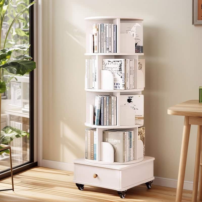 Rotating Bookshelf with Drawer,360 Display 5 Tier Bookshelf,Floor Standing Bookcase Storage Rack,Narrow Book Shelf Organizer