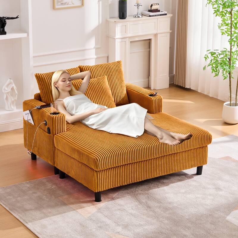 GDFStudio - Corduroy Recliner Sofa with USB Charging, RGB LED Light Strip - Suitable for Living Room and Bedroom