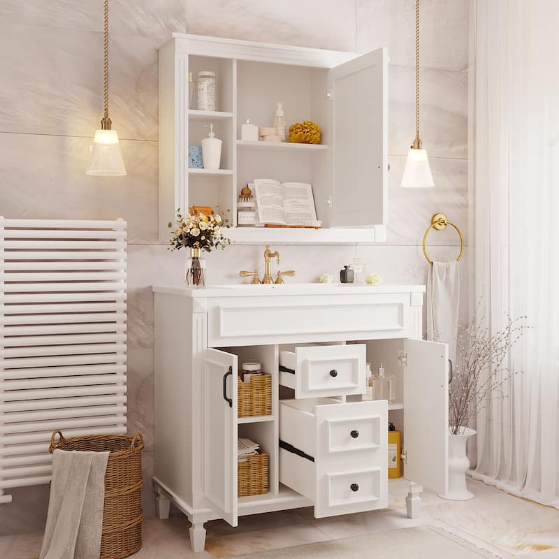 Bathroom Vanity Set with Medicine Cabinet and Floor Cabinet, Spacious Storage Cabinets with Mirror, Open Shelves and Drawers