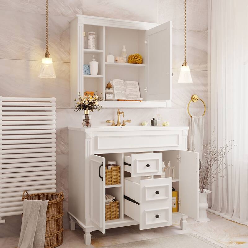 Roomfitters 36" Vanity with Sink and Mirror, Cabinet with 2 Doors and 2 Drawers, Royal Blue Modern Storage Set