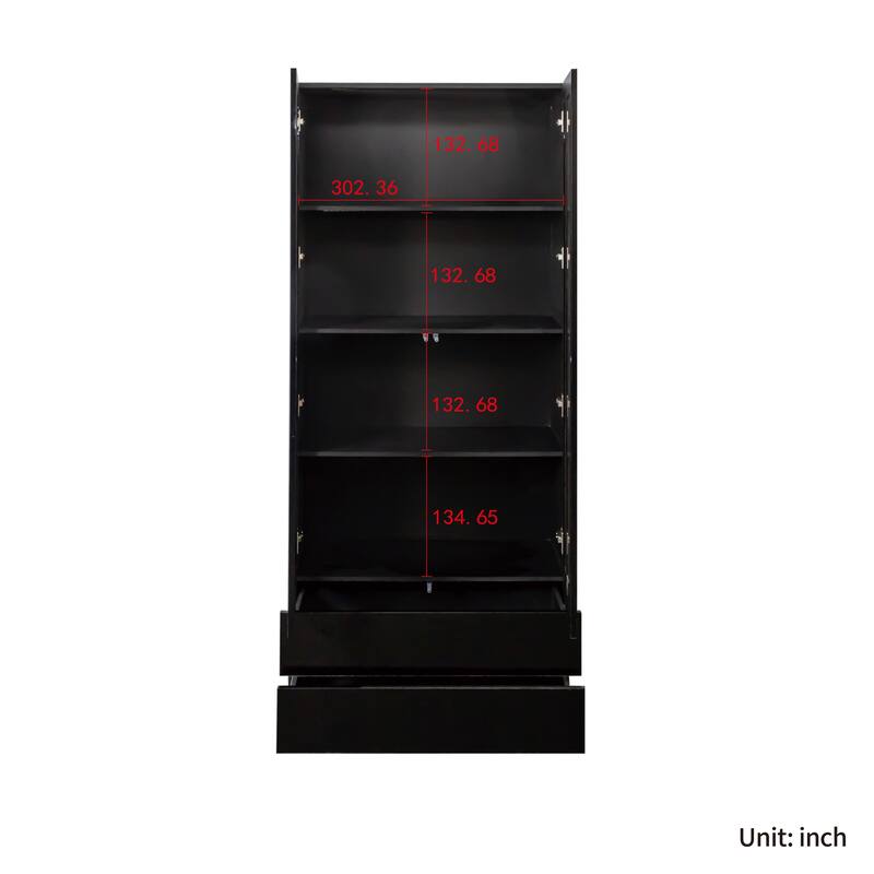 GDF Studio - Poll Modern 70.87" Tall Display Cabinet with Glass Doors, LED Lights, and Drawers - 2-Drawer