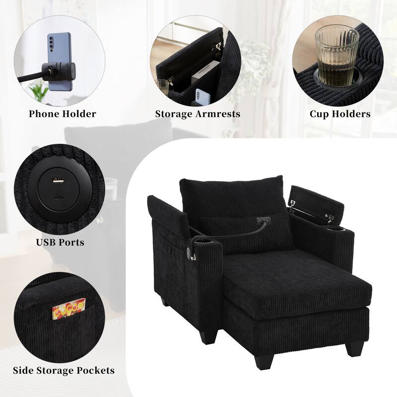 Convertible Sleeper Sofa Chaise Lounge with Movable Backrest, Corduroy Reading Chair with USB Ports, Cup Holders & Phone Holder