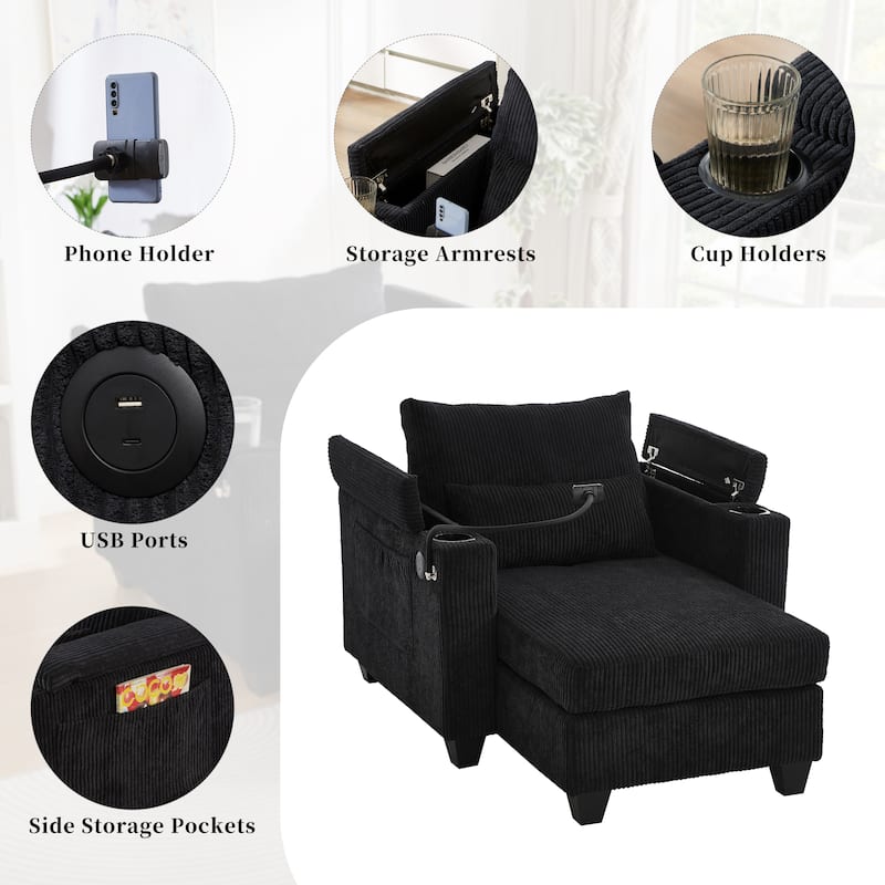 Roomfitters Convertible Corduroy Sofa Chair Bed with USB Ports, Cup Holders, Phone Slot and Storage for Living Room