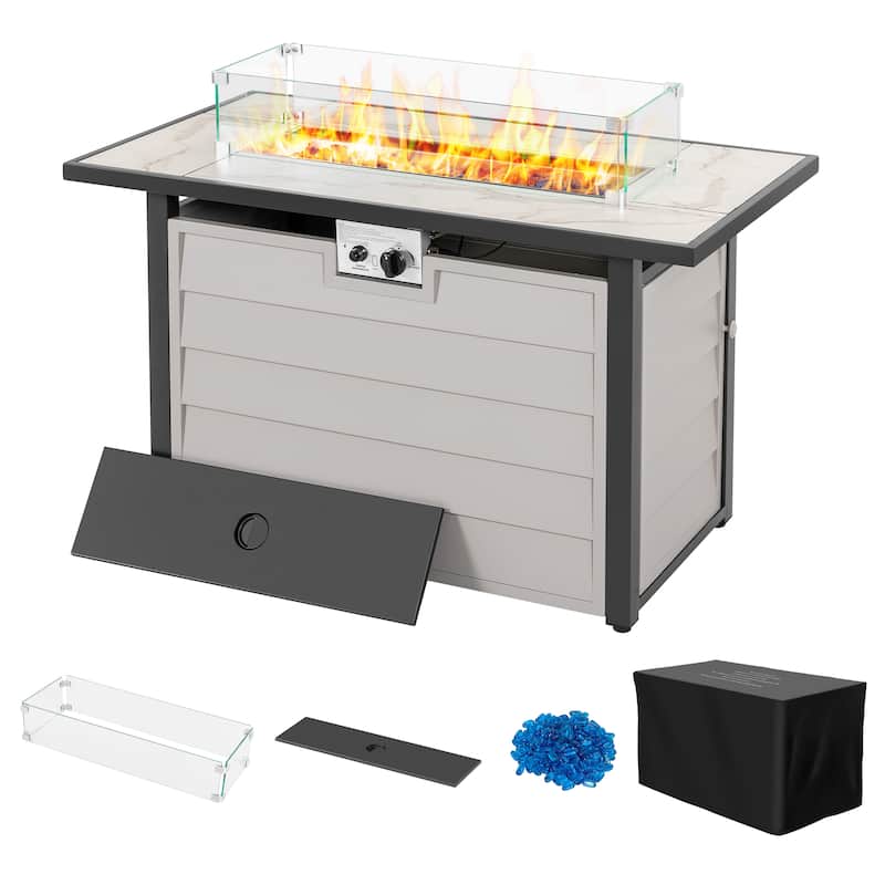 43'' Outdoor Propane Gas Fire Pit Table with Marble Texture Glass Tabletop
