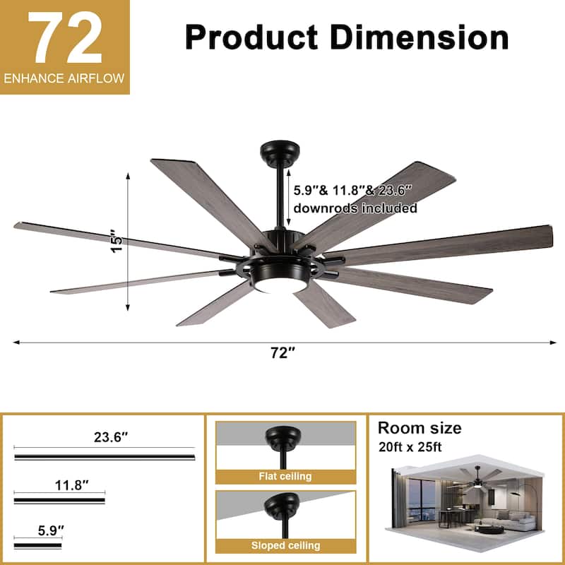Cusp Barn 72" Outdoor Indoor Modern Black Large Ceiling Fan with Lights, Farmhouse 6 Speeds DC Motor Reversible Ceiling Fan